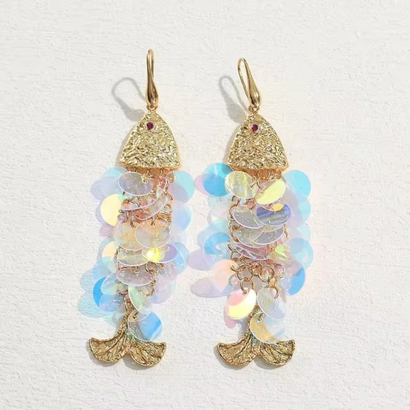 Gold Iridescent Fish Dangle Earrings | Unique Textured Design - Picture 1 of 9